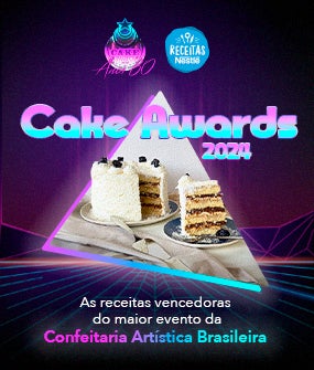 Imagem de um bolo com um fundo escuro e cores neons, com o titulo Cake Awards