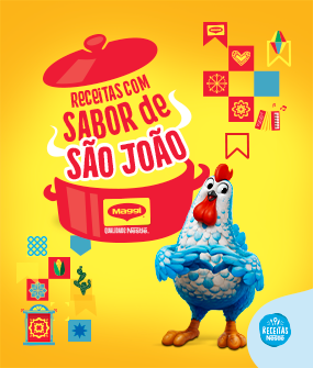 Recipe Imagem com cores vibrante da marca, como amarelo no fundo, detalhes e uma panela vermelha e a galinha de Maggi. Card Image