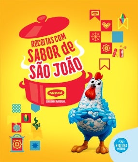 Imagem com cores vibrante da marca, como amarelo no fundo, detalhes e uma panela vermelha e a galinha de Maggi.