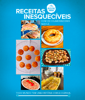 Recipe Imagem com o fundo azul, escritos em branco de Receitas Inesquecíveis e seis imagens de receitas. Card Image
