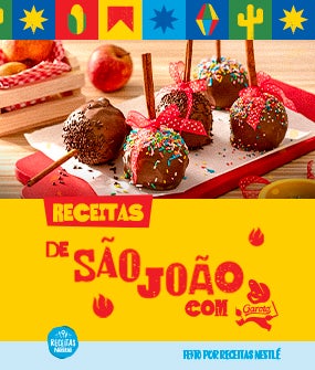 Imagem de uma receita do e-book com as cores da marca Garoto e o texto: Receitas de São João com Garoto