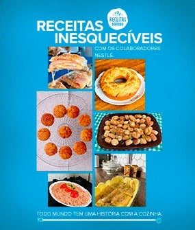 Imagem com o fundo azul, escritos em branco de Receitas Inesquecíveis e seis imagens de receitas.