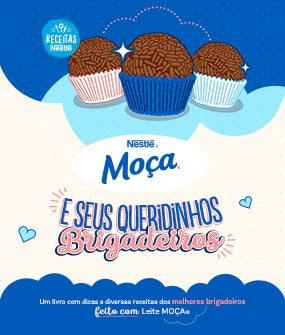 Recipe Foto em tons de azul e branco, com o desenho de três brigadeiros, o escrito de MOÇA e frases em rosa. Card Image