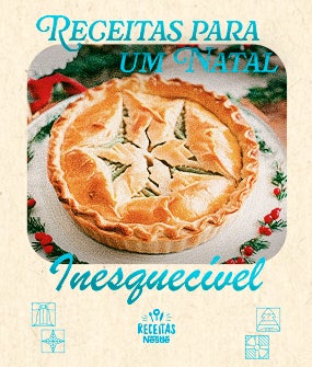 Imagem de uma torta em cima de um prato natalino, com o texto Receitas para um Natal Inesquecível!
