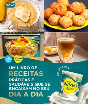 Recipe Imagem de 4 receitas saudáveis e uma lata de NINHO Adulto em um fundo verde escuro Card Image
