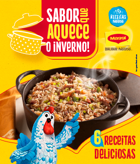 Recipe Banner com fundo amarelo e vermelho, trazendo a frase “Maggi: Sabor que aquece o inverno! Card Image