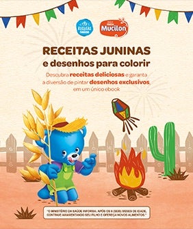 Imagem do boneco Bo, e elementos de desta junina com bandeirinhas, fogueira, balão e cacto.