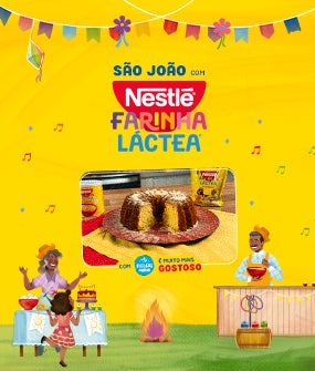 Fundo amarelo com barracas juninas, e frase 'São João com Nestlé Farinha Láctea, e Receitas Nestlé'