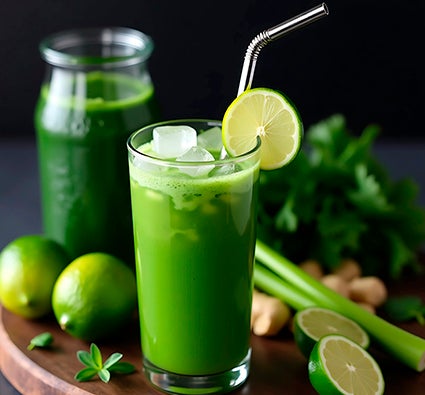 Copo de suco verde detox com gelo e rodela de limão, cercado por limões, gengibre e folhas verdes sobre tábua de madeira.