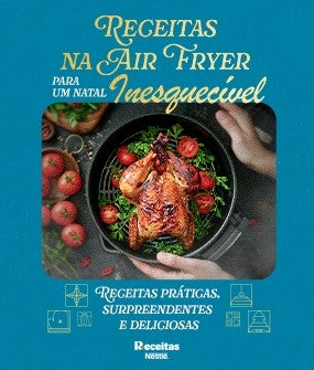 Recipe Fotografia de fundo azul com escritos em dourados. No centro tem uma foto vista de cima de chester na Air Fryer. Card Image