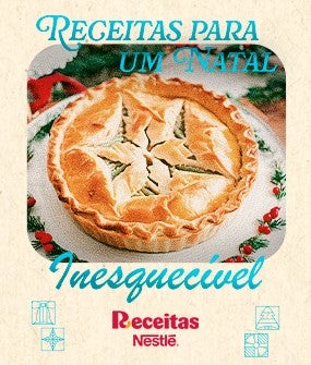 Recipe Imagem de uma torta em cima de um prato natalino, com o texto Receitas para um Natal Inesquecível! Card Image