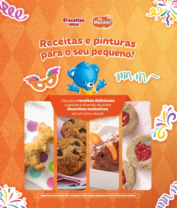 Recipe Banner Mucilon com fundo laranja, personagem azul, doces caseiros e chamada ‘Receitas e pinturas para o seu pequeno' Card Image