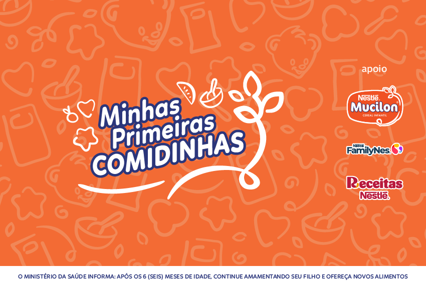 Fotografia em um fundo laranja, um logo de Mucilon, Receitas Nestlé e Familynes