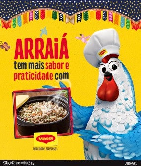 Recipe Ilustração da galinha azul mascote de MAGGI ao lado de panela de comida e frase Arraiá tem mais sabor e praticidade com MAGGI Card Image