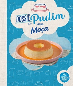 Recipe Banner Nestlé Moça com pudim e texto “Dossiê do Pudim”, fundo azul com ilustrações de cozinha Card Image