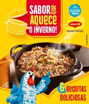 Recipe Panela fumegante de receita MAGGI com mascote galinha azul ao lado e frase Sabor que aquece o inverno – 6 receitas deliciosas Card Image