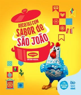 Recipe Galinha azul mascote MAGGI ao lado de panela ilustrada com a frase ‘Receitas com sabor de São João’ e elementos juninos. Card Image