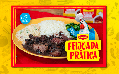 Prato de feijoada com arroz branco e feijão com carne, com destaque para receita Feijoada Prática de Receitas Nestlé.