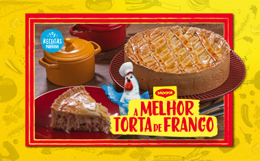 Torta de frango dourada com massa trançada em destaque, com fatia servida ao lado e selo Receitas Nestlé.
