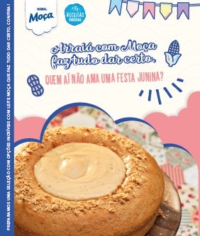Recipe Banner Nestlé Moça com bolo típico junino e texto sobre receitas com gosto de festa e tradição brasileira Card Image