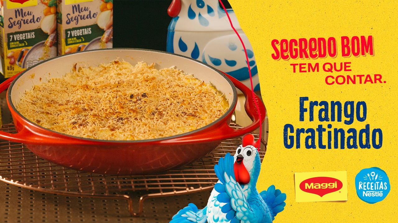 Travessa de frango gratinado dourado com queijo, com destaque para receita Maggi e mensagem Segredo bom tem que contar.