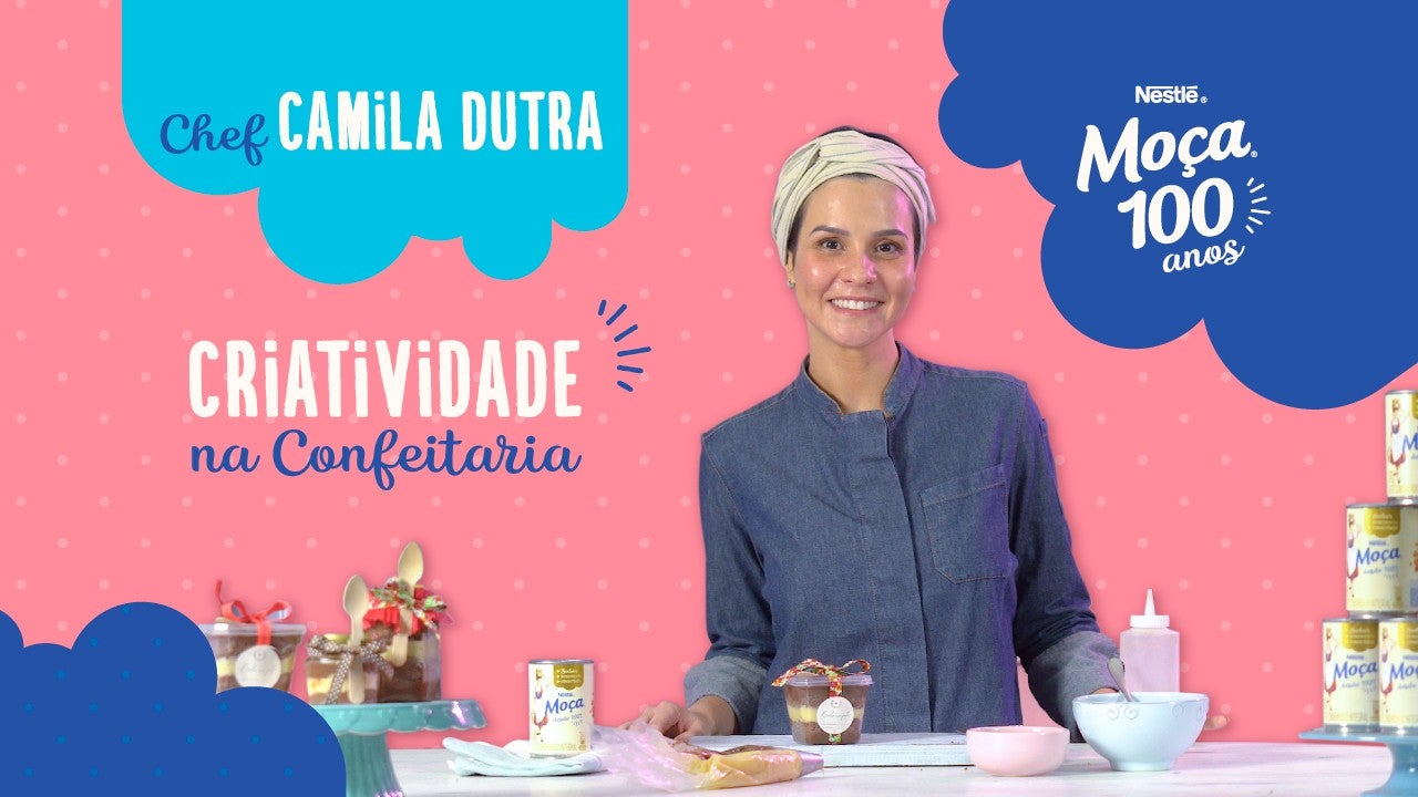 Chef Camila Dutra apresenta receitas criativas de confeitaria com Leite Moça em aula comemorativa Moça 100 anos.
