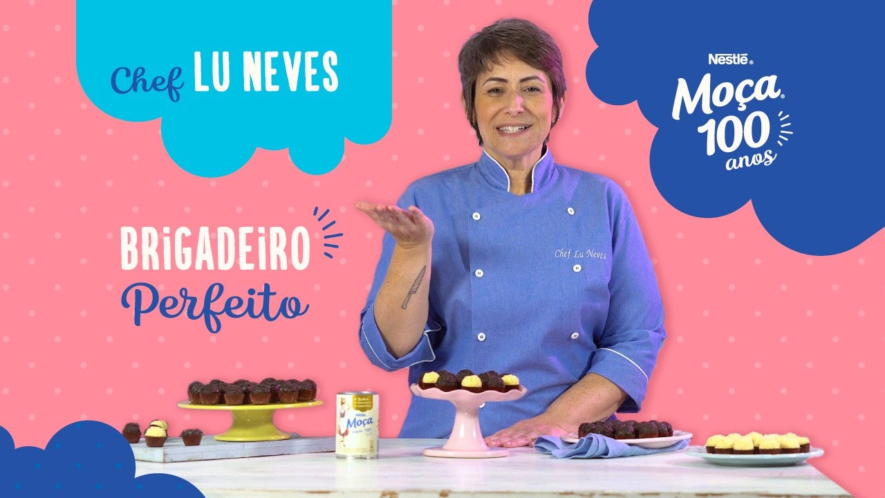 Chef Lu Neves apresenta brigadeiro perfeito com Leite Moça em aula de confeitaria comemorativa Moça 100 anos.