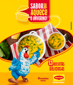 Recipe Banner amarelo da Maggi com prato de sopa, mascote ao lado e texto “Sabor que aquece o inverno” e “12 receitas deliciosas”. Card Image