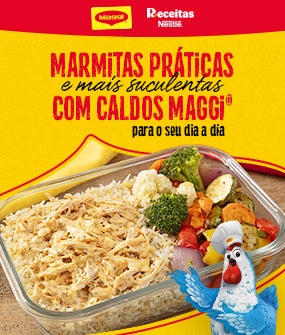 Recipe Marmita com arroz, frango desfiado e legumes, divulgando receitas práticas com Caldos Maggi para o dia a dia. Card Image