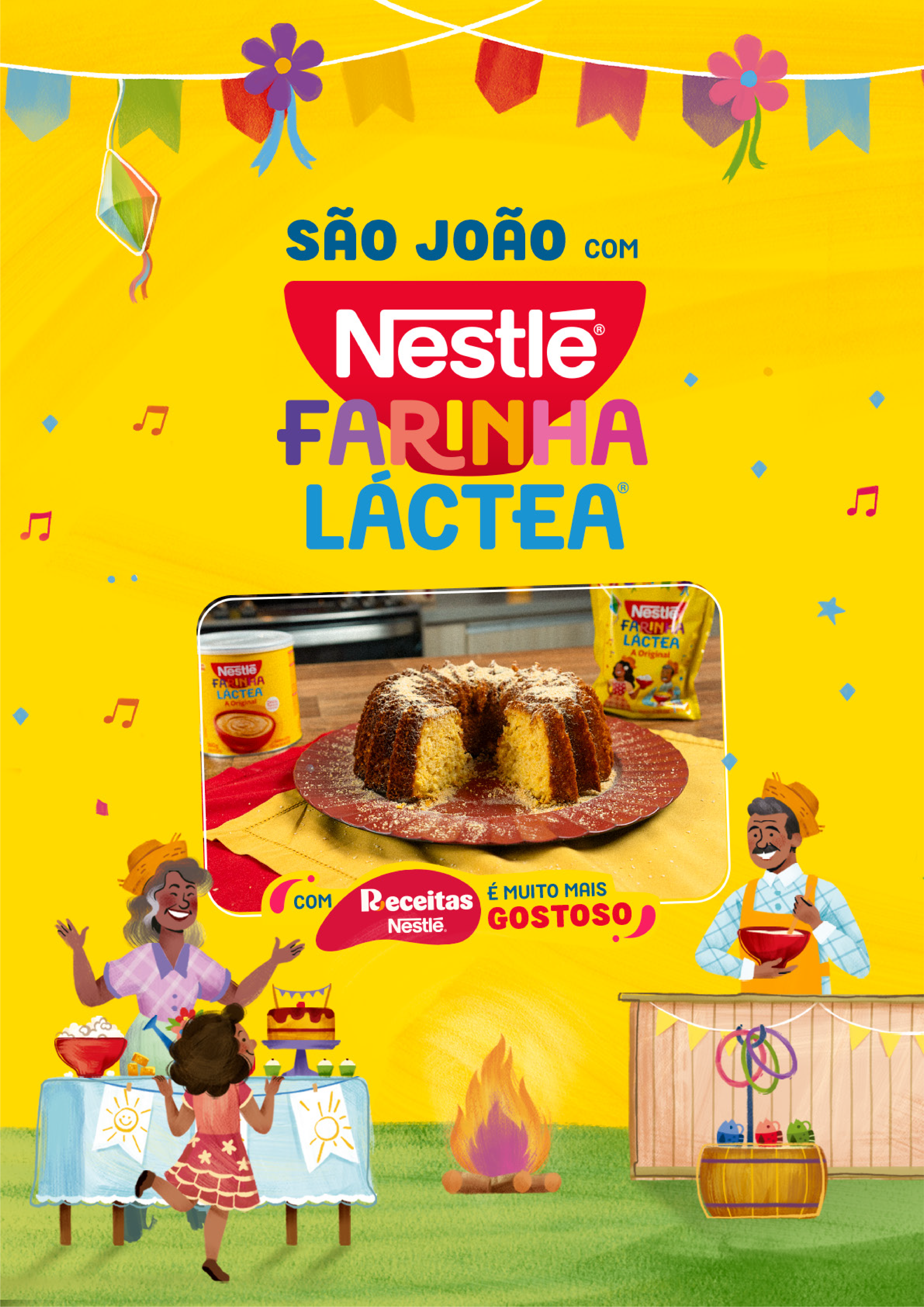 Recipe Fundo amarelo com barracas juninas, e frase "São João com Nestlé Farinha Láctea, e Receitas Nestlé" Card Image