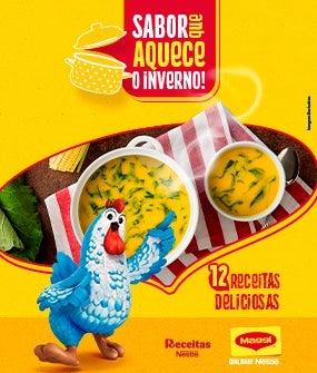 Banner amarelo da Maggi com prato de sopa, mascote ao lado e texto “Sabor que aquece o inverno” e “12 receitas deliciosas”.