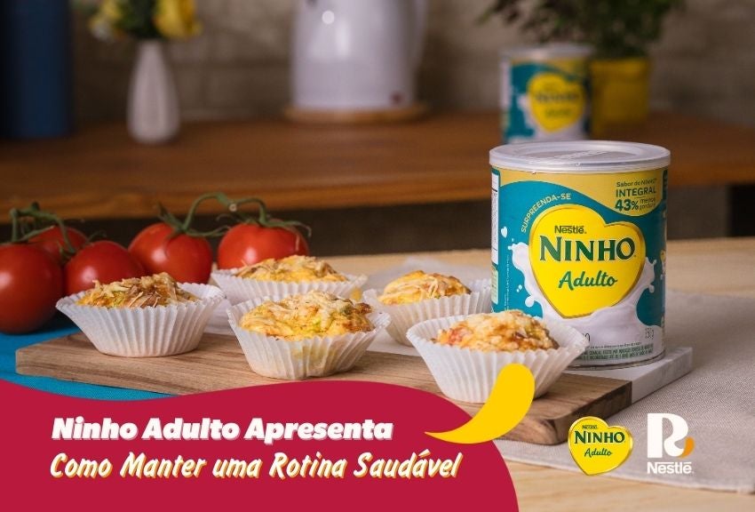 Banner de Ninho Adulto com muffins salgados sobre mesa e destaque para hábitos e rotina saudável.