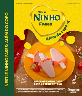 Recipe Capa de e-book NINHO Fases com picolés sobre prato laranja, morangos ao redor e texto “Além do copo”. Card Image