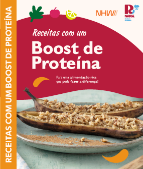 Recipe Capa de e-book com colheradas de granola sobre prato azul e título “Boost de Proteína”. Card Image