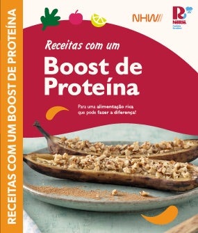 Capa de e-book com colheradas de granola sobre prato azul e título “Boost de Proteína”.