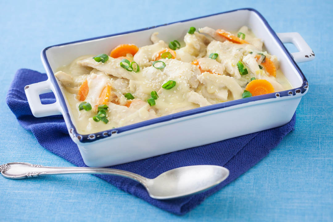 Frango Cremoso com Alho-poró, Cenoura e Champignon