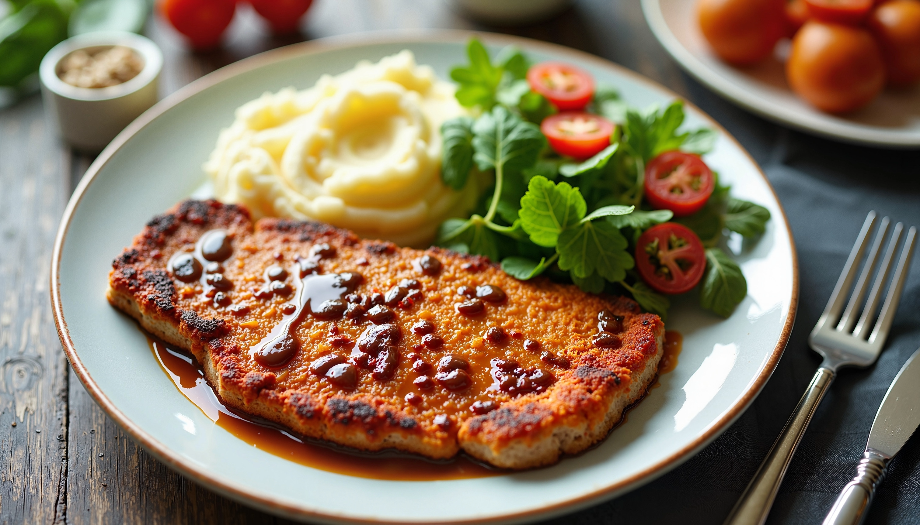 Receita de Carne à Milanesa em Molho de Vinho Tinto com Purê de Batata e Cenoura