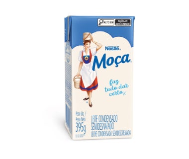 Caixa de Leite Condensado Moça Nestlé semidesnatado, embalagem de 395 g.