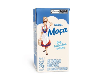 Caixa de Leite Condensado Moça Nestlé semidesnatado, embalagem de 395 g.