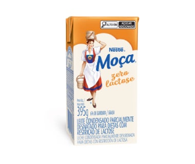 Embalagem do Leite Condensado Moça zero lactose 395g, caixa bege e laranja com ilustração da Moça.