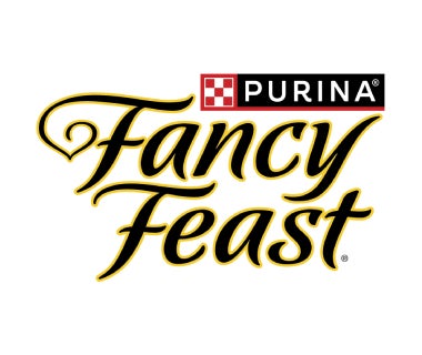 Logo Purina Fancy Feast com tipografia estilizada em preto e dourado e marca Purina acima