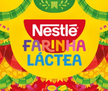 Logo da Nestlé Farinha Láctea com elementos juninos coloridos em fundo amarelo e decoração típica de festa junina.	