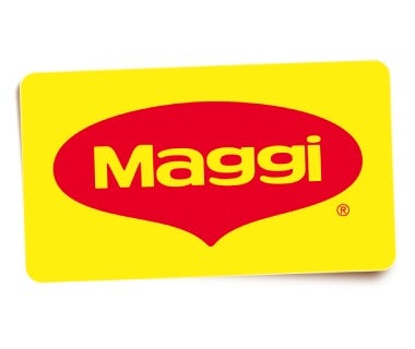 Logo da Maggi com fundo amarelo e balão vermelho contendo o nome da marca em letras amarelas.	