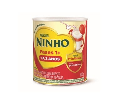 Lata de Ninho Fases 1+ para crianças de 1 a 3 anos, com prebióticos e fórmula infantil de seguimento.