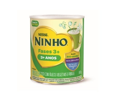 Lata de Ninho Fases 3+ para crianças acima de 3 anos, com vitaminas, minerais e fibras para fase pré-escolar.