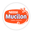 Um círculo branco com o logotipo de Mucilon Nestlé na cor branca em cima de um formato laranja.