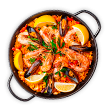 Uma panela com Paella da culinária espanhola