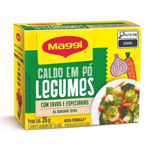 Embalagem do Caldo de Legumes Maggi em pó, com 0% gorduras totais,com ervas e especiarias selecionadas.