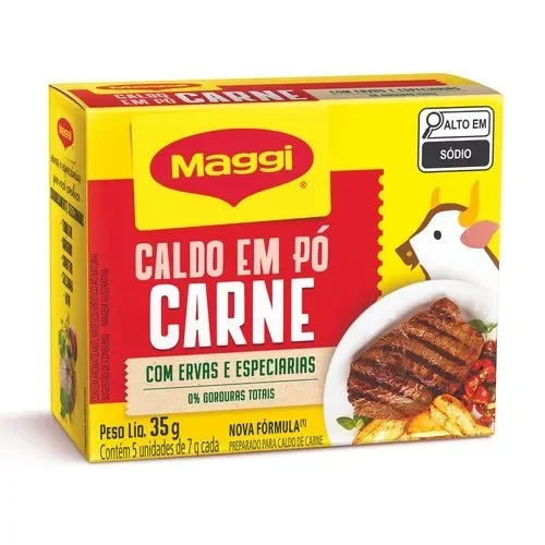Embalagem do Caldo de Carne Maggi em pó, com 0% gorduras totais,com ervas e especiarias selecionadas.