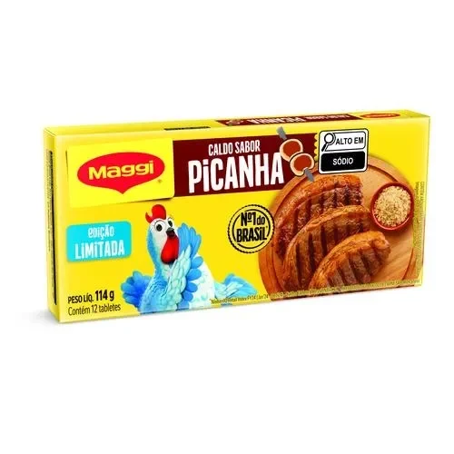 Caldo Maggi sabor picanha, edição limitada, caixa com 12 tabletes (114g), com imagem de carne grelhada e selo alto em sódio